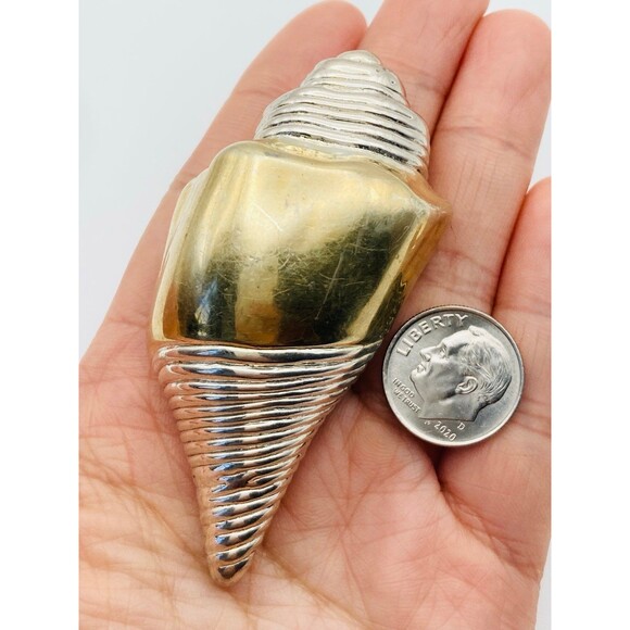 Signed handmade artisan 925 sterling silver gold plated shell brooch - Picture 7 of 10